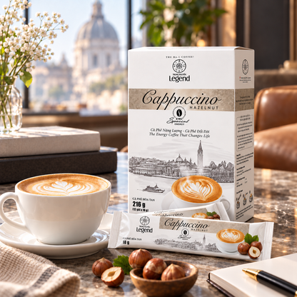 A boxed package of Legend Cappuccino Hazelnut instant coffee stands on a countertop beside a white cup of latte coffee, with hazelnuts, a notebook, and a blurred cafe interior in the background.