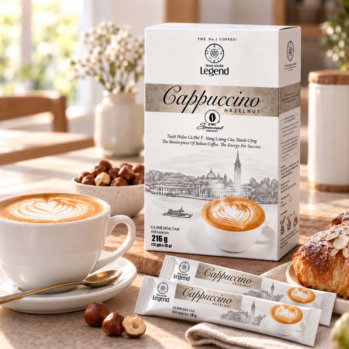 A box of Legend Cappuccino Hazelnut coffee stands on a table beside a white cup of cappuccino with latte art, hazelnuts, and pastries in a warm, softly blurred cafe-like setting.