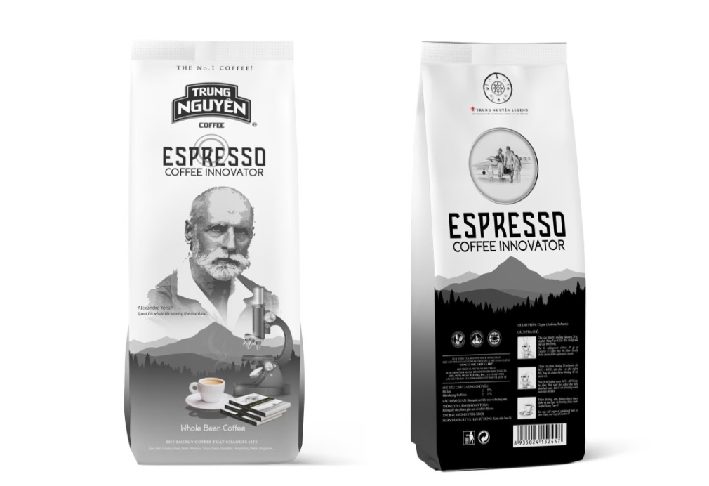 Front and Back View. Trung Nguyen Legend Espresso Coffee Innovator Whole Bean Coffee made with a blend of arabica and robusta beans.